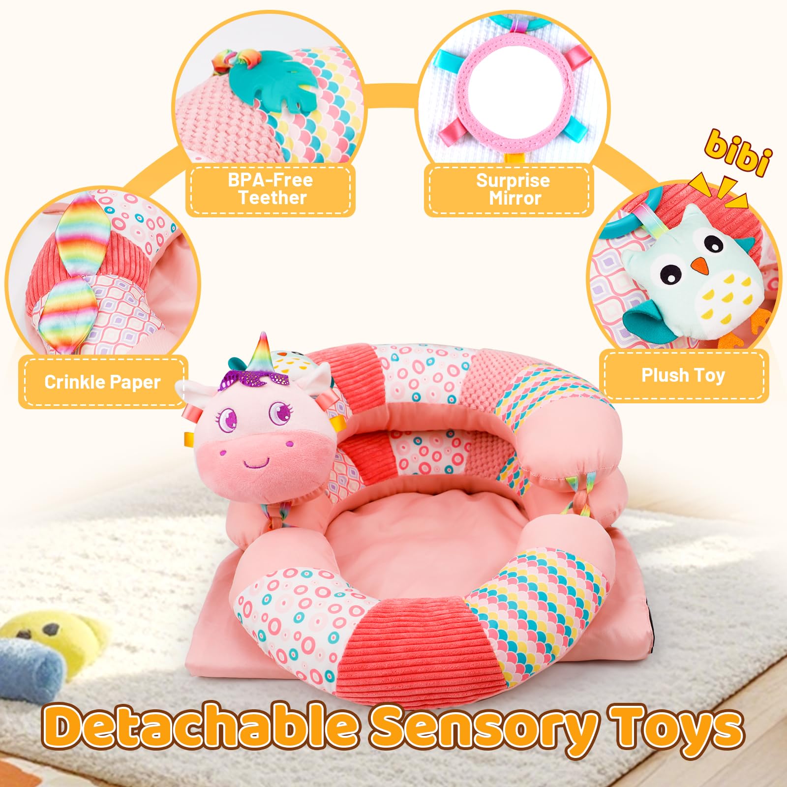 Materassino 3 in 1 e cuscino di supporto seduto per neonati, sedile da pavimento con cuscino di supporto staccabile per prevenire il reflusso, tappetino da gioco portatile per neonati e