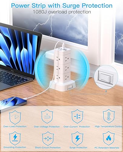 Miniatura 5 de Torre de regleta de alimentación con protector de sobretensiones, 12 tomacorrientes, 4 USB (2 USB C) estación de carga de escritorio para múltiples