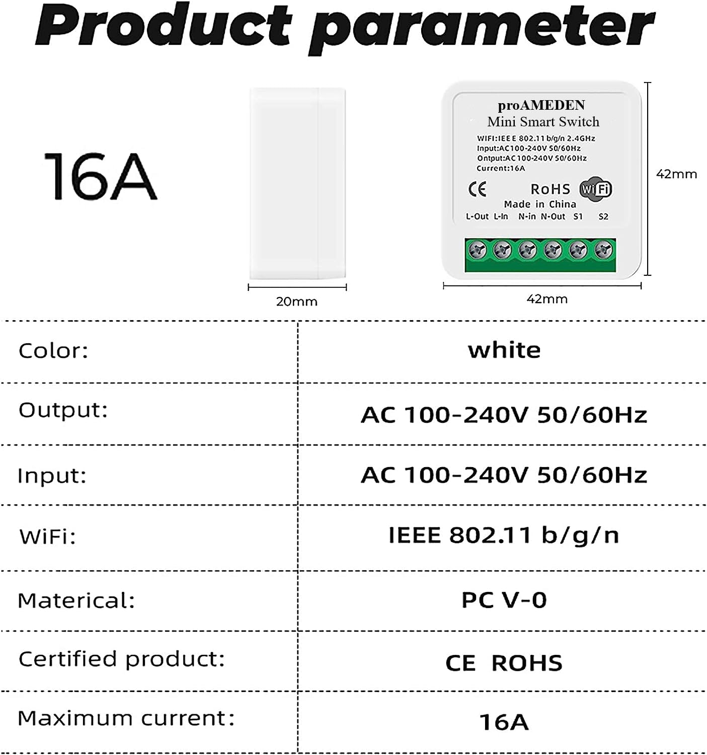 Interruptor WiFi Inteligente 16A proAMEDEN - Control Remoto App Tuya/Smart Life, Compatible Alexa y Google Home, Domótica Fácil, Programación Horaria, Ahorro Energía, Crea Escenarios [1/un].