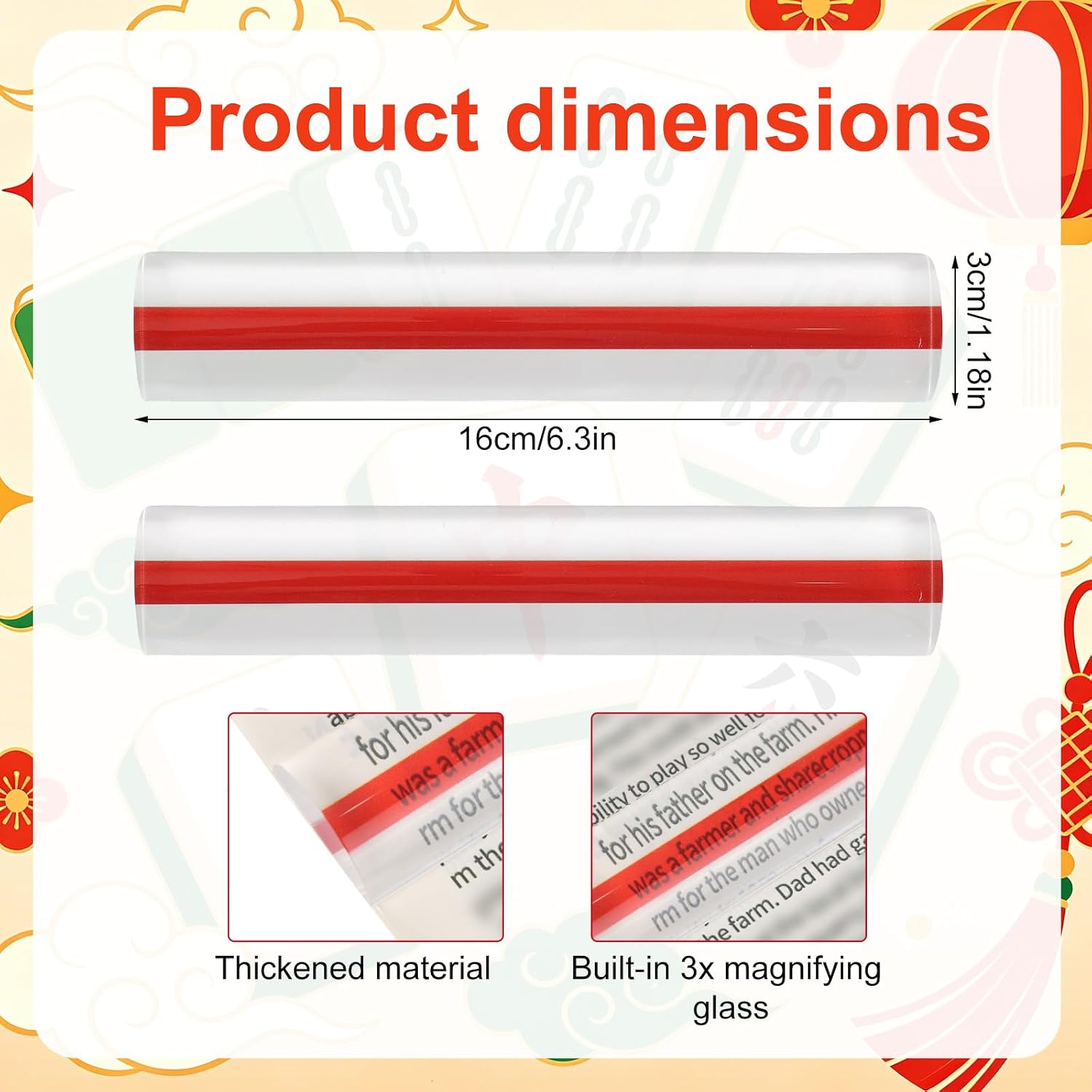 2pcs 3X Magnification Mahjong Card Magnified Line Finders, Acrylic Reader Magnifier with Guiding Line, Magnifying Accessories and Gifts for Mah Jongg Players (Red Line) image 2