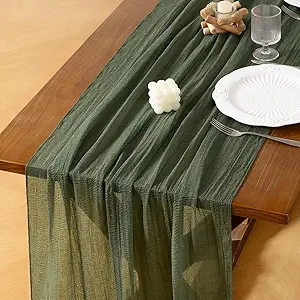 Socomi Green Cheesecloth Table Runner Olive Fall Thanksgiving Gauze 120 Inch Rustic Boho Cheese Cloth Runner for Wedding Party Baby Bridal Shower Centerpiece Decoration Holiday Home Decorations