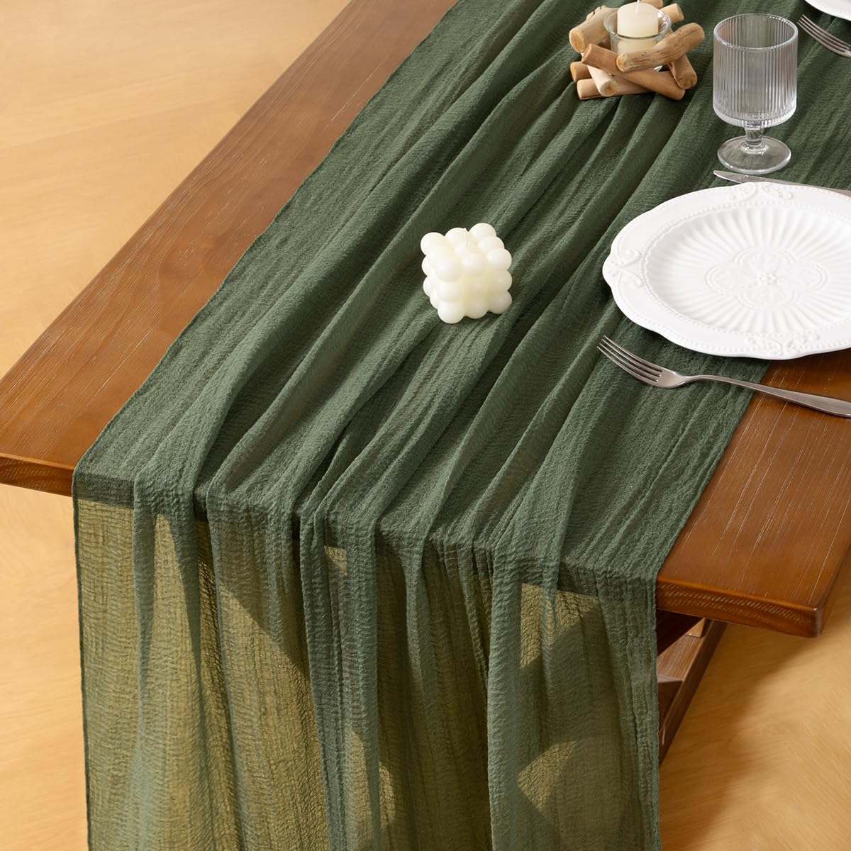 Socomi Green Cheesecloth Table Runner Olive Valentine's Day Gauze 120 Inch Rustic Boho Cheese Cloth Runner for Wedding Party Baby Bridal Shower