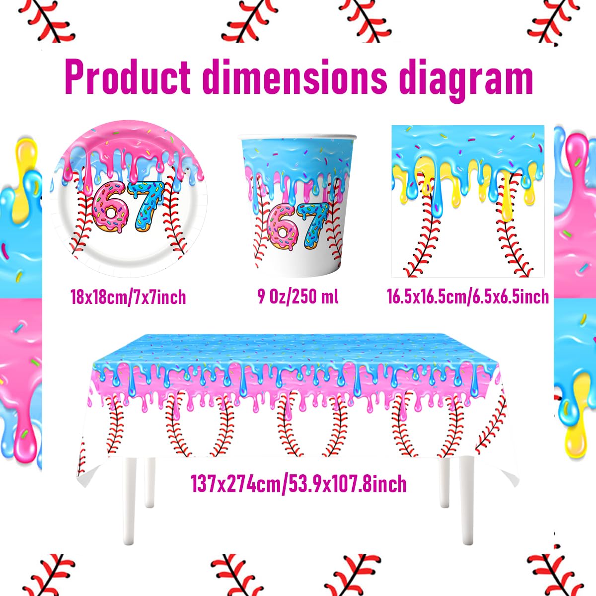 Stoviglie per feste a gelato, 61 pezzi Baseball Stoviglie per compleanni per bambini, Tema Meme virali Set di piatti di carta per feste, Compresi bicchieri, tovaglioli e tovaglie