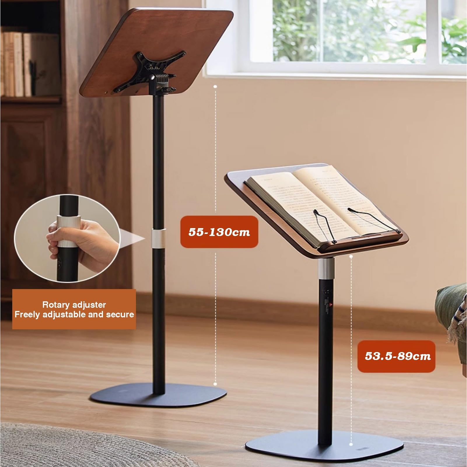Genérico Soporte de pie Ajustable para Libros y portátiles, Atril para partituras con Clips elásticos para páginas, diseño ergonómico para una Lectura cómoda, soporta hasta 20 kg, Altura de 53,5 a 89
