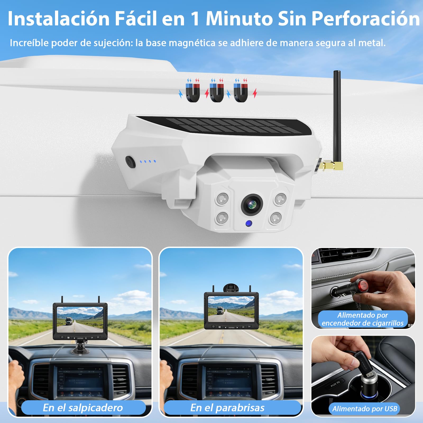 Cámara de Marcha Atrás Inalámbrica Solar con Monitor 7", Sistema de Visión Trasera Digital HD 1080P, Batería 10000mAh & Soporte Magnético, Impermeable IP69K para Autocaravana, Camión, Remolque