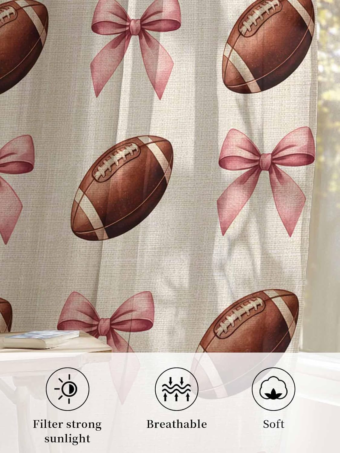 Vintage Brown Football Sheer Curtains 45 Inches Long Pink Bow Retro Linen Sports Abstract Style 2 Panels Set Chiffon Sheer Curtain Panels Semi Sheer Drapes for Living Room Bedroom Yard