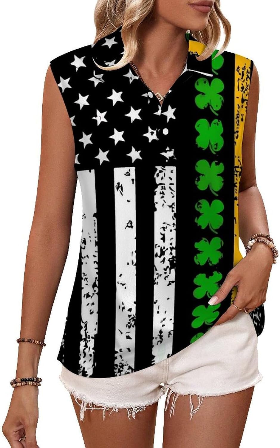 Lucky Grass American Flag Women's Golf Shirt Sleeveless Polo Shirts Tank Tops Blouses Tennis T-Shirts Casual