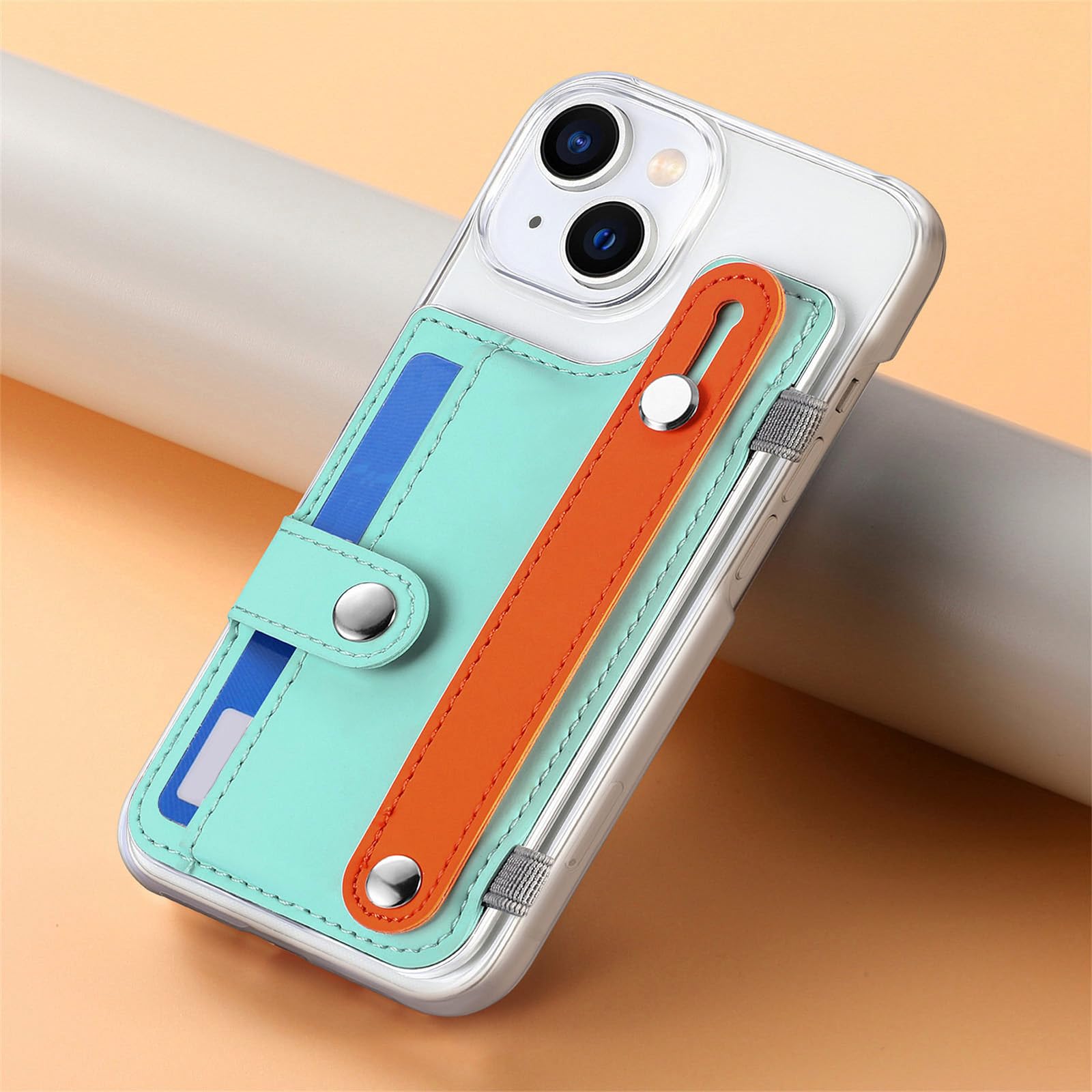 Skórzane etui do iPhone 15 Pro Max/15 Pro/15 Plus/15, stojak na nadgarstek, przezroczysta tylna obudowa, etui na karty, portfel, etui na telefon, fioletowy, 15Plus