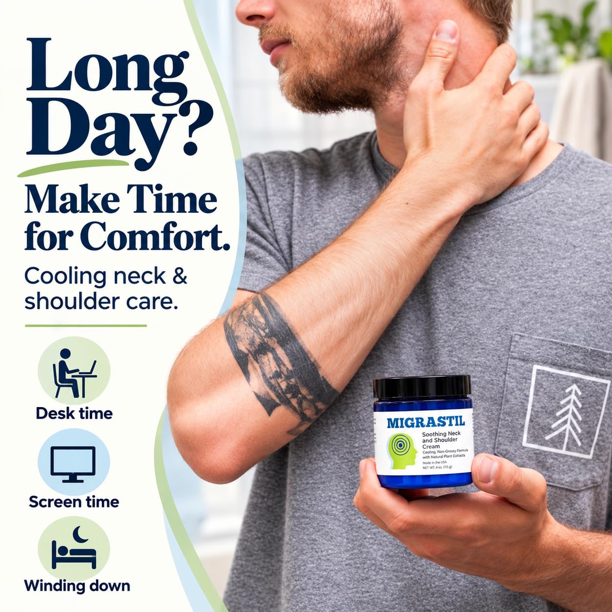 Basic Vigor Migrastil Neck & Shoulder Cream. Cooling Comfort for Migraines, Tech Neck & Tension. (4 oz.) Made in The USA. — Amazon image 3