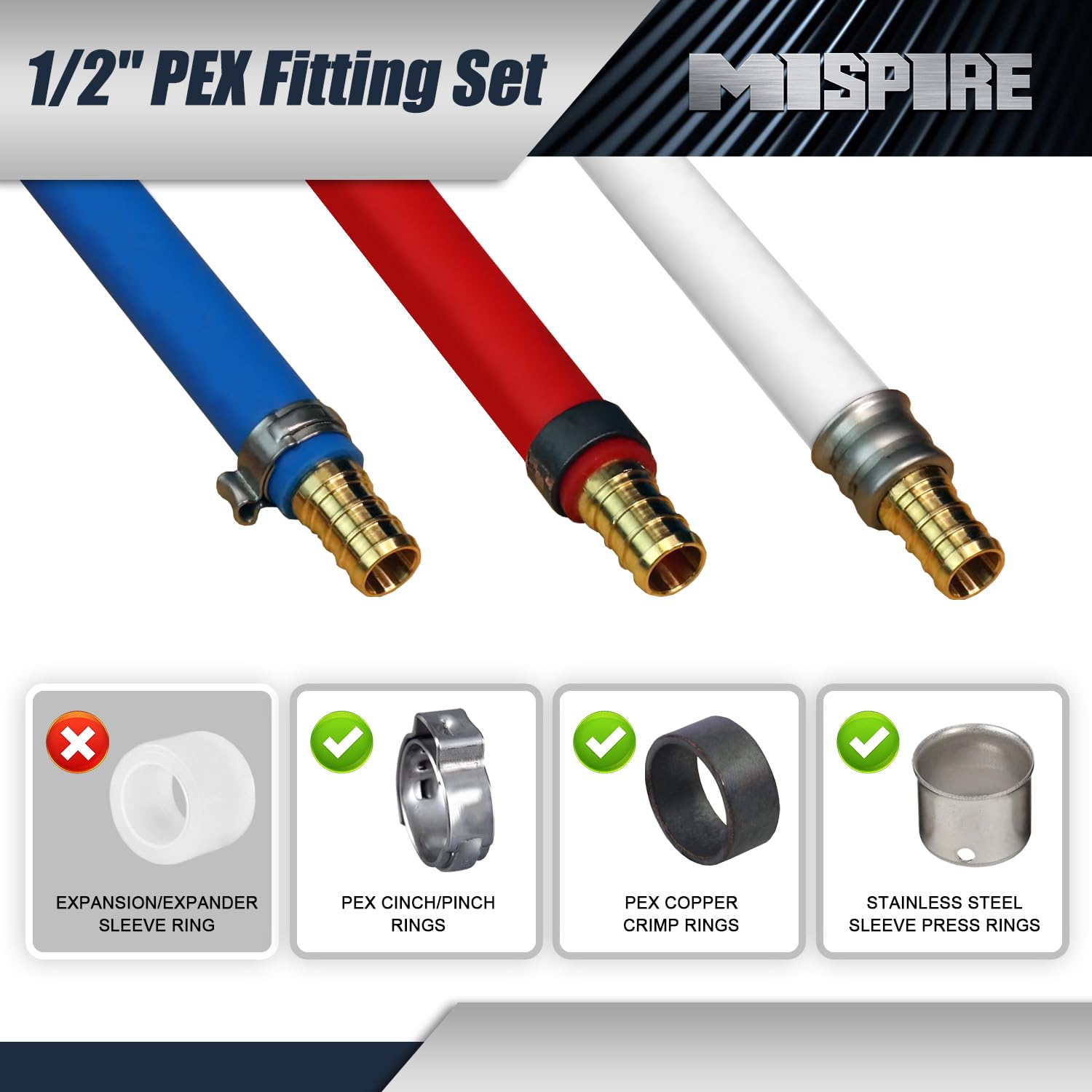 PEX Fittings - Paquete de 40 accesorios de 1/2 pulgada, 20 acopladores rectos, 10 codos de 90 grados y 10 piezas de crimpado en T, combo de accesorios de crimpado de latón PEX, latón sin plomo para