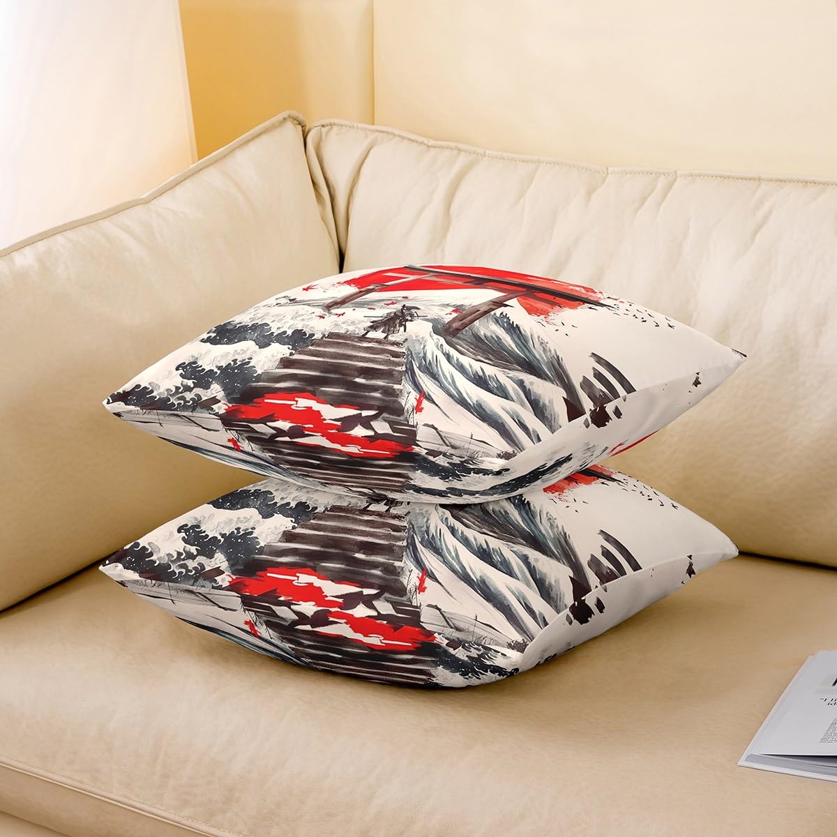 Homemissing Japanese Ukiyoe Cushion Covers Set of 2 40x40cm For Sofa Couch Chair Kids Boys Girls Adults Japanese Style Pillow Covers Japan Samurai Cushion Case Red Sunset Sea Waves Pillow Cases - Image 3