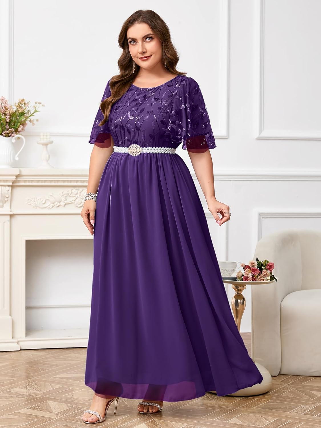 ZOMVA Plus Size 0X-4X Sequin Embroidery Formal Long Dress with Pearl Belt Glitter A Line Prom Wedding Guest Evening Gown - Image 6
