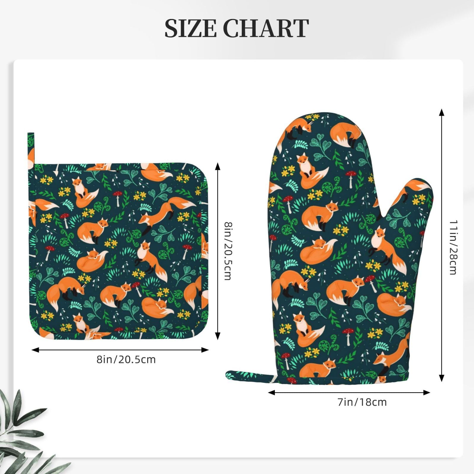 Lot de 4 maniques et maniques tendance en forme de renard - Résistantes à la chaleur - Motif floral vert - Pour cuisine, pâtisserie, grillades, barbecue