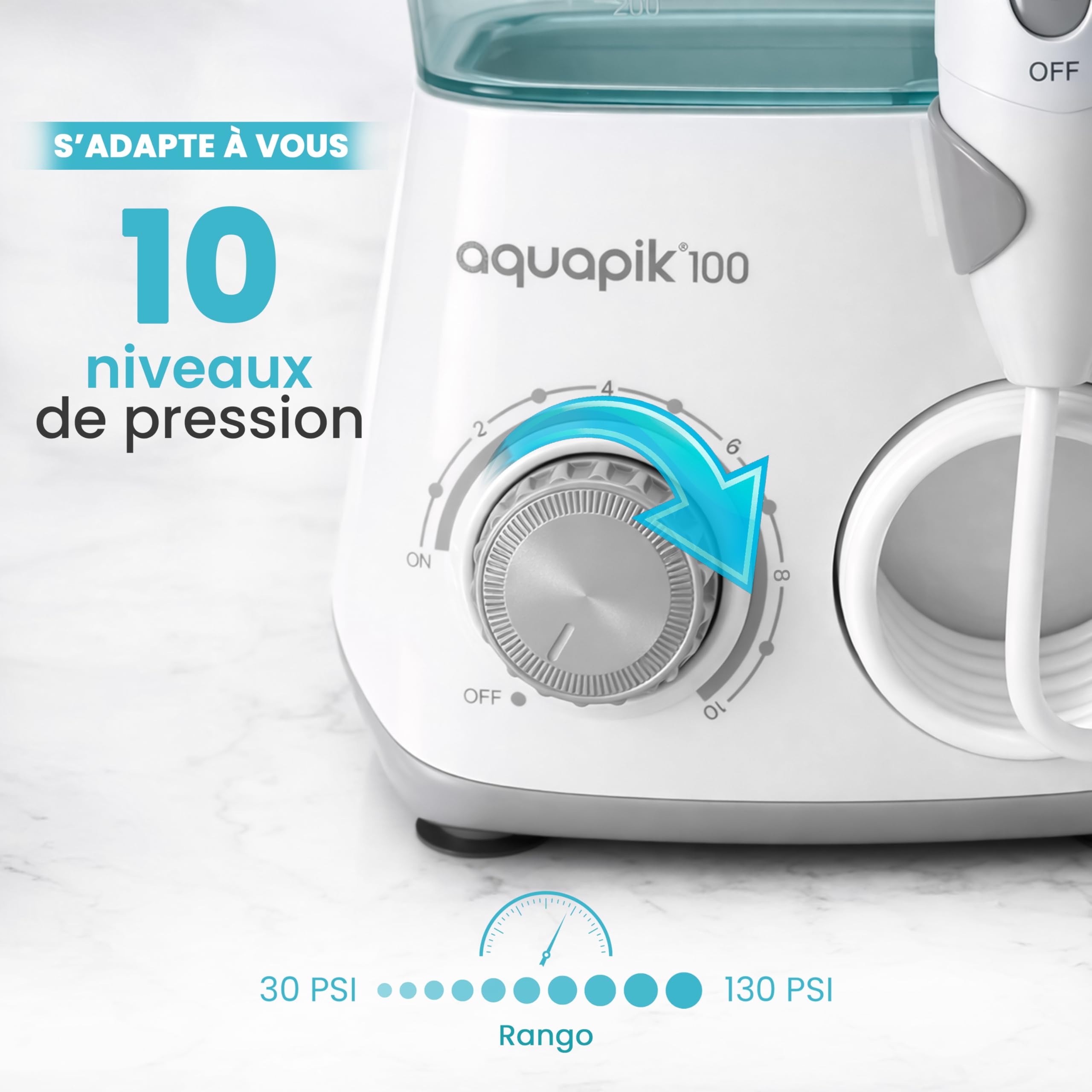 Aquapik100 Hydropulseur Dentaire Water Flosser 600 ml 10 Niveaux 8 Embouts.