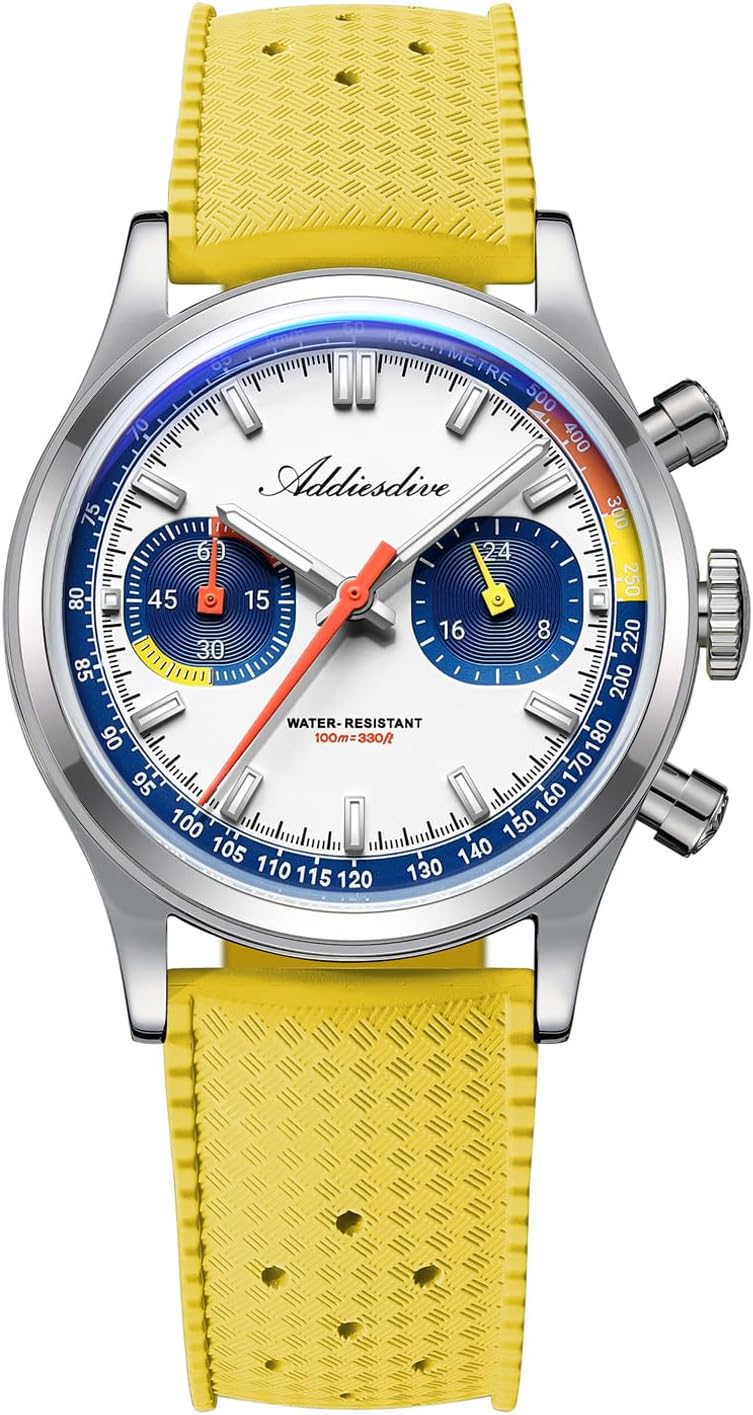 ADDIESDIVE 38 MM Chronograph Watch VK64 Sweep Second Movement Tachymeter Mark FKM Rubber Strap BGW9 Super Lume Colourful Outdoor Sports Watches for Men Women