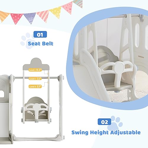 Miniatura 4 de Virubi Tobogán 7 en 1 para niños pequeños con columpio, escalador, aro de baloncesto, caballete, túnel, telescopio y espacio de almacenamiento,