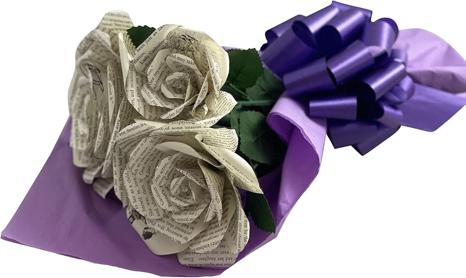 Handmade Pride and Prejudice Paper Flower Bouquet, Paper Roses Made from Book Pages, Jane Austen Lovers Gift for Anniversaries, Birthdays, Graduation, Weddings- 3 Life Size Flowers