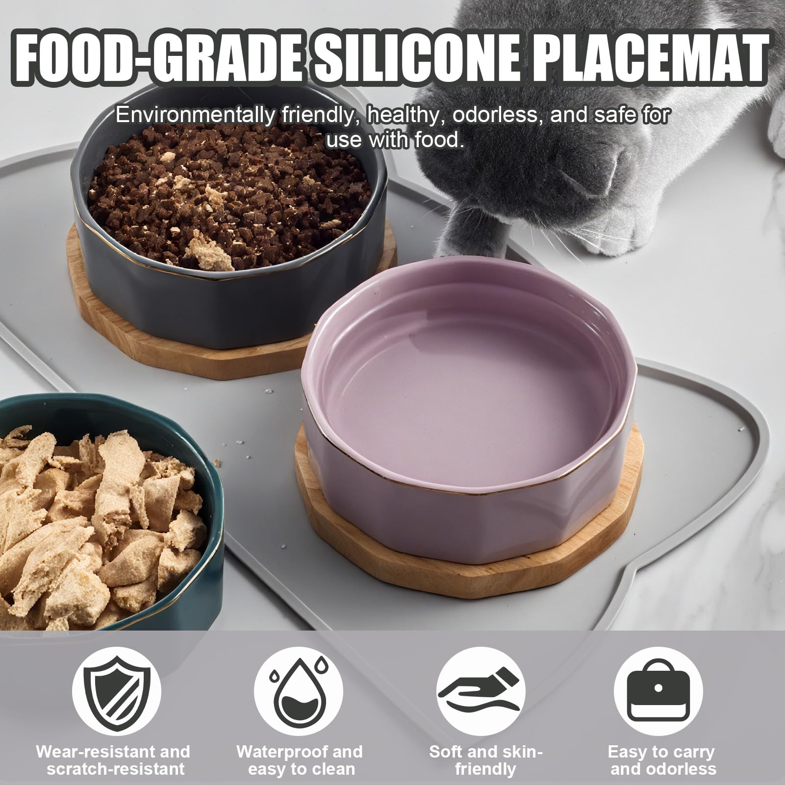 Tappetino per ciotola in silicone di alta qualità, piccolo tappeto ciotola per cani e gatti, per ciotole d'acqua e cibo per animali, lavabile in lavastoviglie, facile da pulire. (Grigio Chiaro)