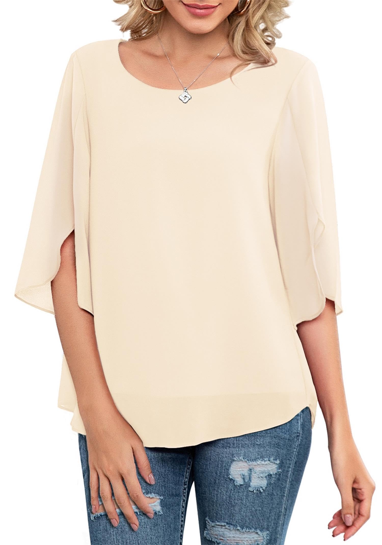 Neineiwu Camicetta da donna in chiffon, casual, con collo rotondo, maniche a 3/4, in rete