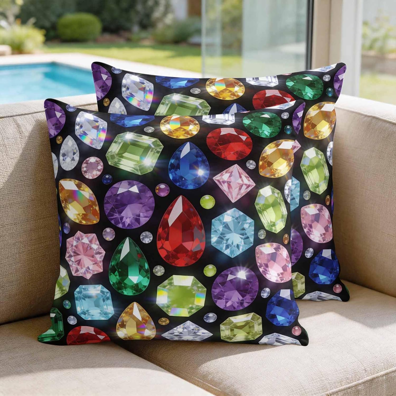 Dreamy Gemstone Colorful Silk Satin Pillowcases Pack of 2, Abstract Geometric Brushed Pillow Covers Decorative Throw Pillows Protector for Bedroom Sofa Living Room Camping 16x16in