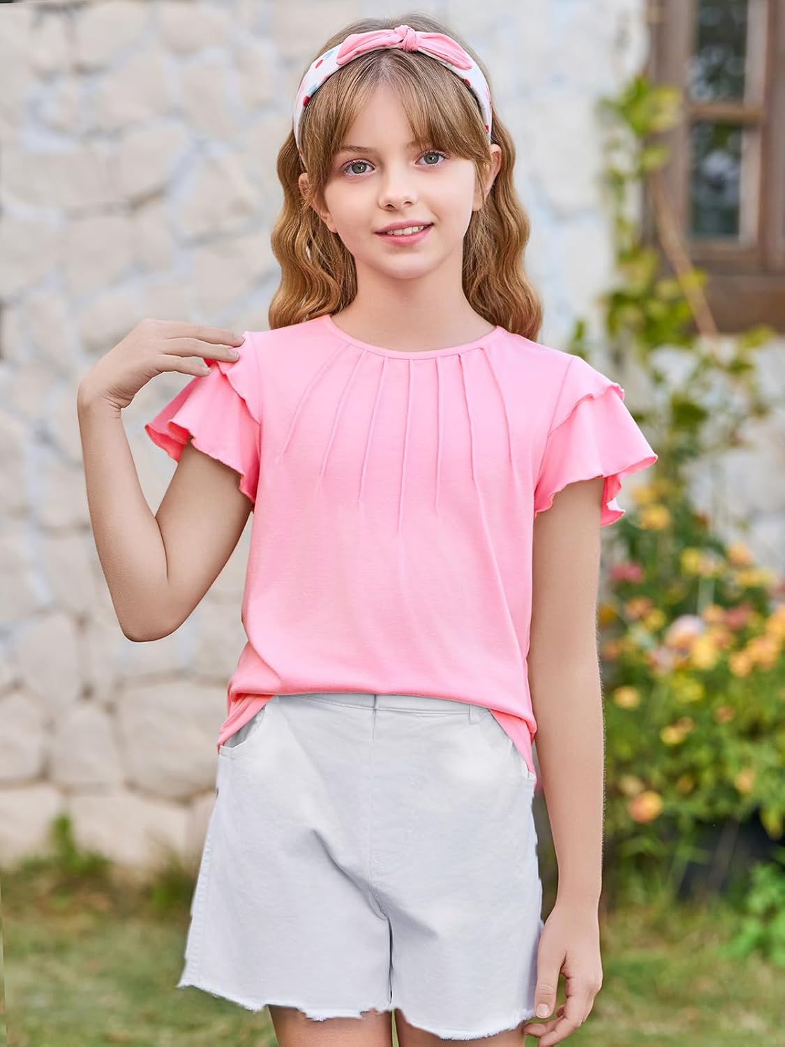 Haloumoning Girls Pleated Ruffle Short Sleeve Shirts Kids Summer Crewneck T-Shirts Fashion Tops Tees 5-14 Years - Image 2