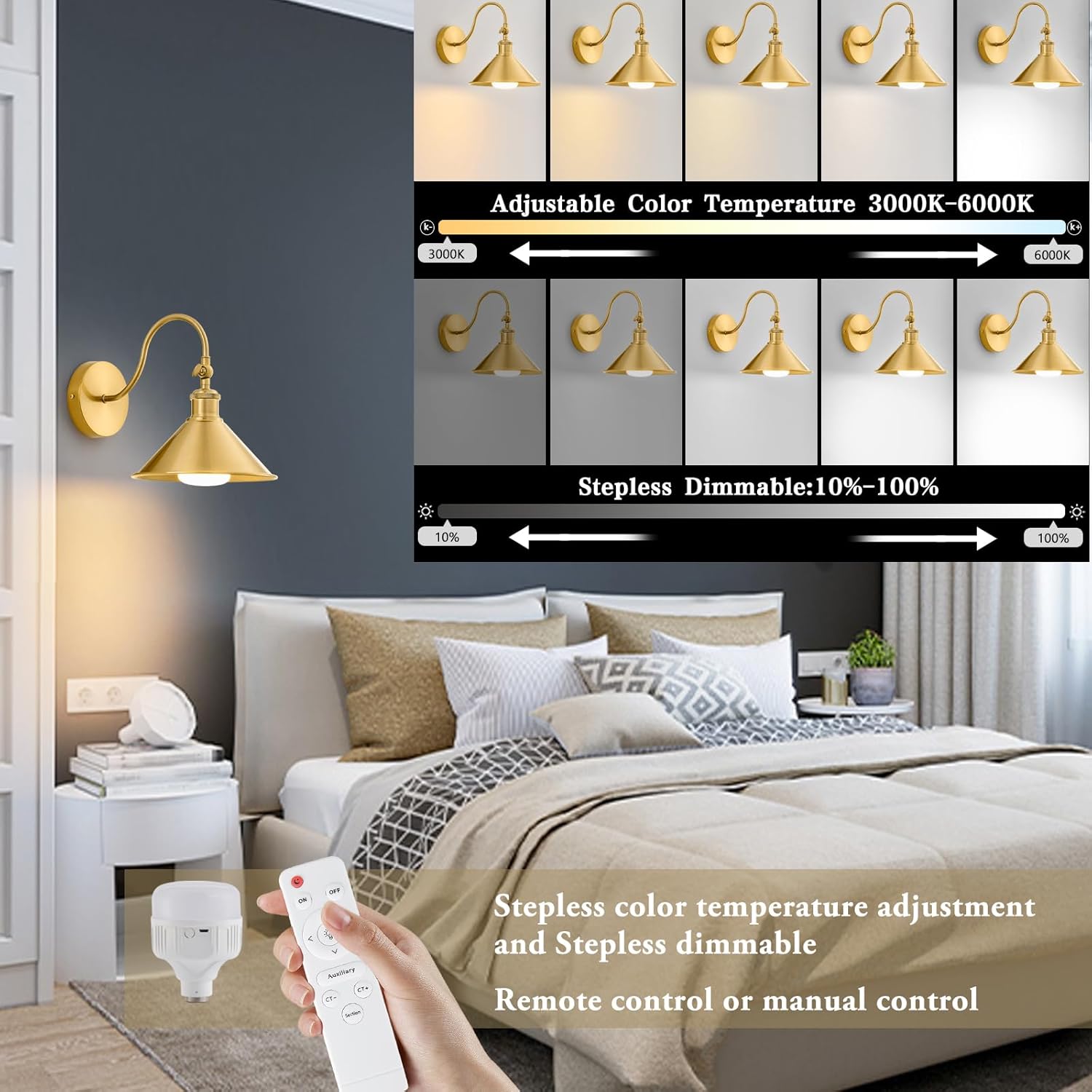 Wireless Battery Operated Wall Sconce, Gold Industrial Wall Lights Decor Set of 2, Vintage Rechargeable Magnetic Cordless Wall Lamp Fixture with Remote for Farmhouse Bedroom Living Room