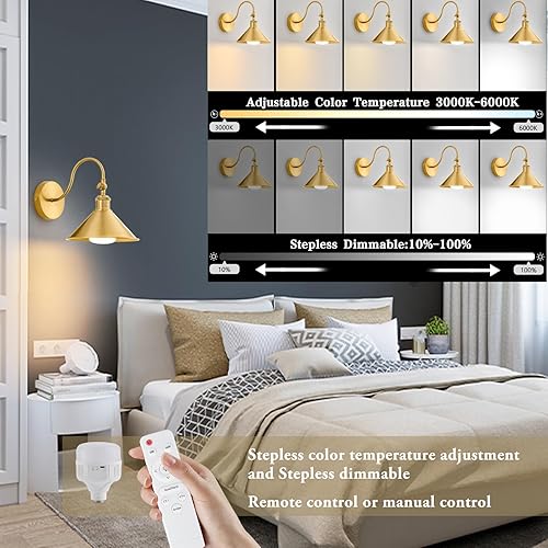 Miniatura 2 de Aplique de pared inalámbrico con pilas, juego de 2 luces de pared industriales doradas, lámpara de pared magnética recargable vintage con control