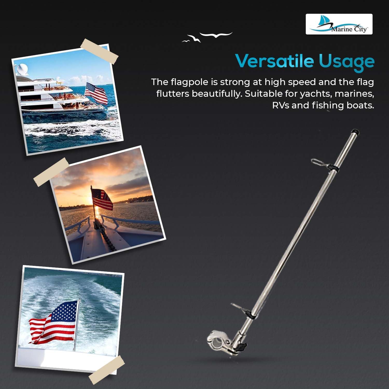 MARINE CITY Stainless Steel Flag Pole Base Set with 12x18 Inch American US Flag – Mount for Marine Boats, Yachts, Ships & RVs