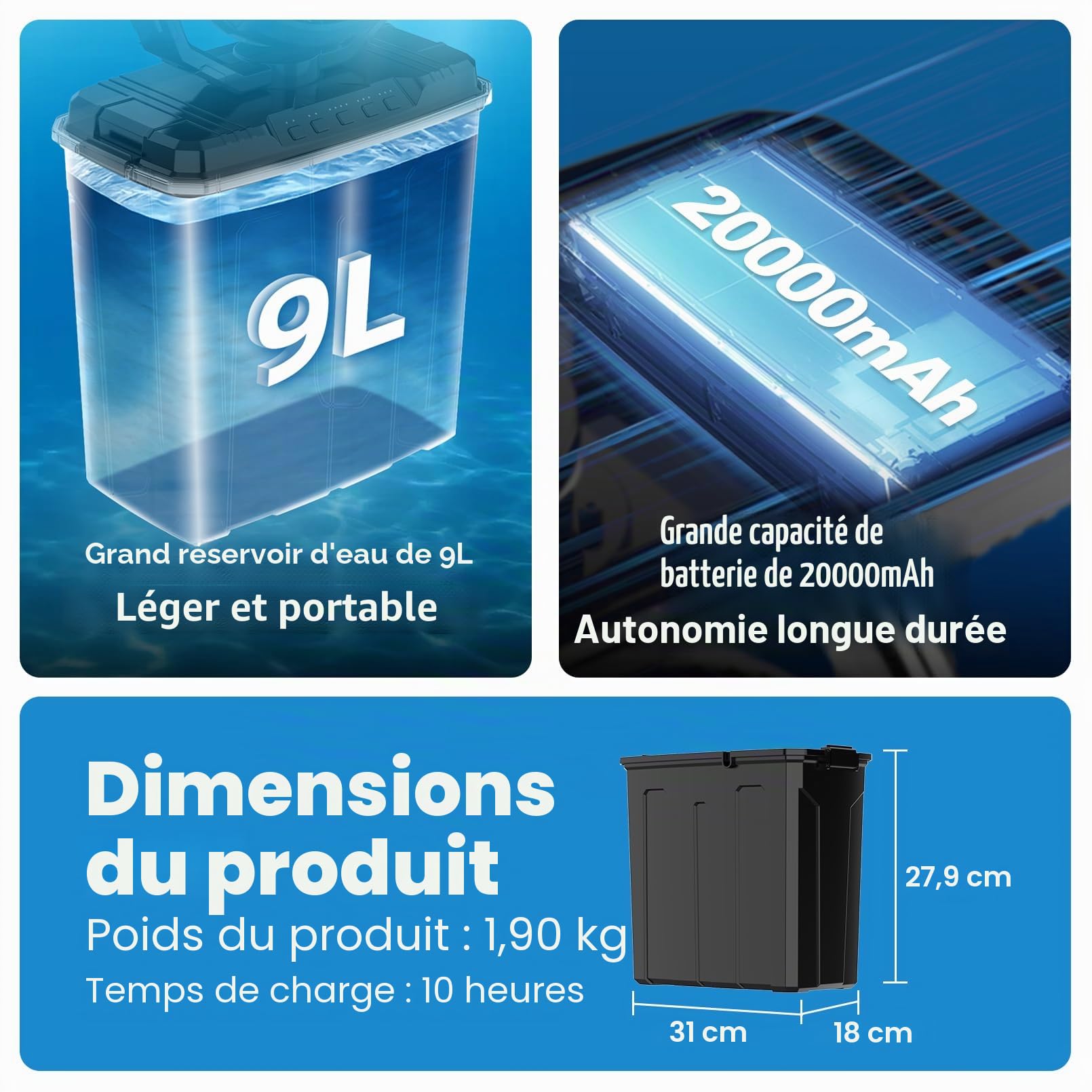Ventilateur brumisateur portable avec réservoir d'eau de 9L, 3 vitesses, 3 modes de vaporisation, ventilateur de camping durable 20000mAh, oscillation à 80°, ventilateurs de refroidissement