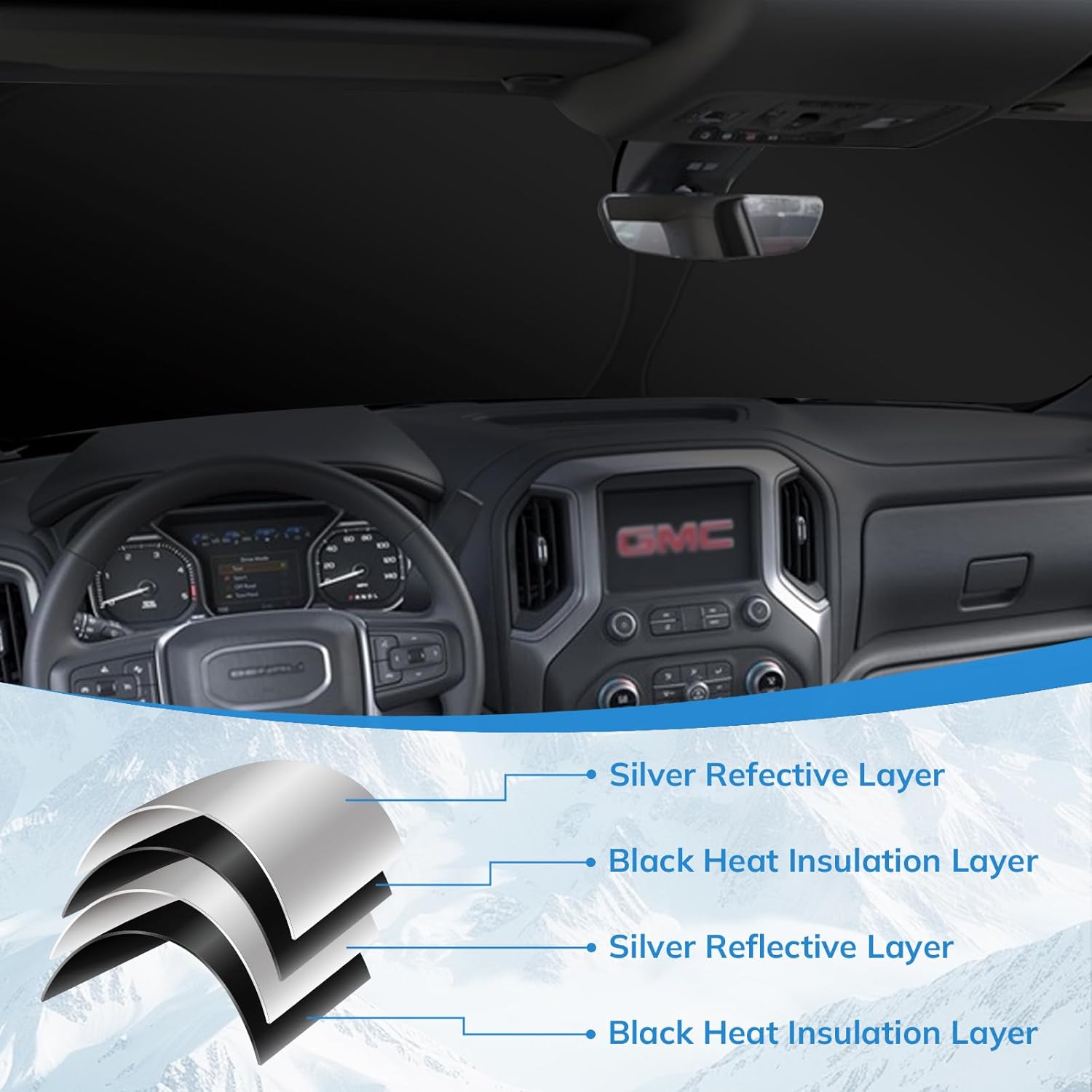 Front Windshield Sunshade Compatible with GMC (2019-2024) Sierra 1500 2500 3500 SLT, AT4, Denali Pickup Accessories - 210T Double Layer Foldable Front Sun Shield Protector