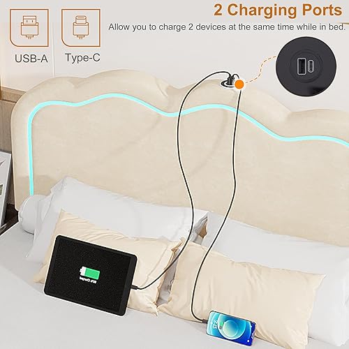 Miniatura 31 de VECELO Base de cama tapizada de tamaño individual con cabecero ajustable, luces LED, USB-A y tipo C, plataforma de terciopelo sin ruido, base de