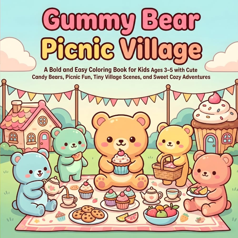 Gummy Bear Picnic Village: A Bold and Easy Coloring Book for Kids Ages 3–5 with Cute Candy Bears, Picnic Fun, Tiny Village Scenes, and Sweet Cozy Adventures