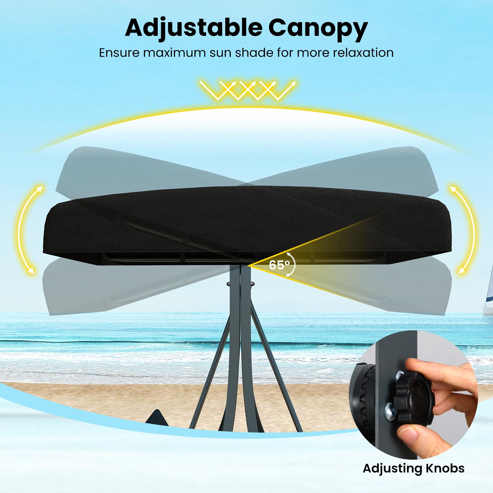 RELAX4LIFE Dondolo da Giardino a 3 Posti con Tettuccio Parasole Regolabile e Seduta in Rattan Traspirante, Portata fino a 450 kg, Arredo per Esterno, 190,5 x 114,5 x 166 cm, Nero