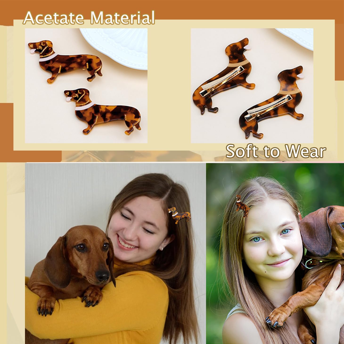 2PCS Dachshund Gift for Women Girls, Cute Dog Hair Clips Acetate Hairpins Puppy Lover Animal Pet Hair Pins Accessories - Image 3