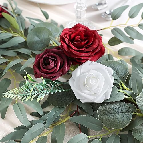 Miniatura 7 de Guirnalda de eucalipto artificial con flores, flores burdeos de 6 pies, guirnalda de mesa de boda, hecha a mano, centros de mesa de boda, centros de