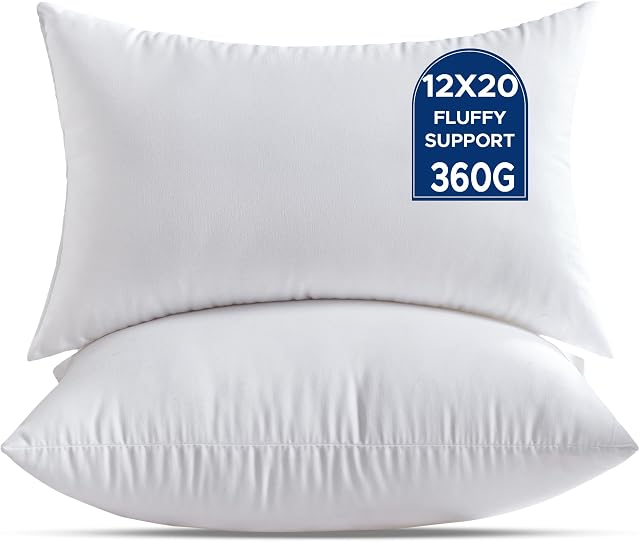 12 x 20 Throw Pillow Inserts Pack of 2 Small White Decorative Lumbar Pillows for Living Room Couch Bed Sofa Rectangle Cushion Sham Stuffer Indoor