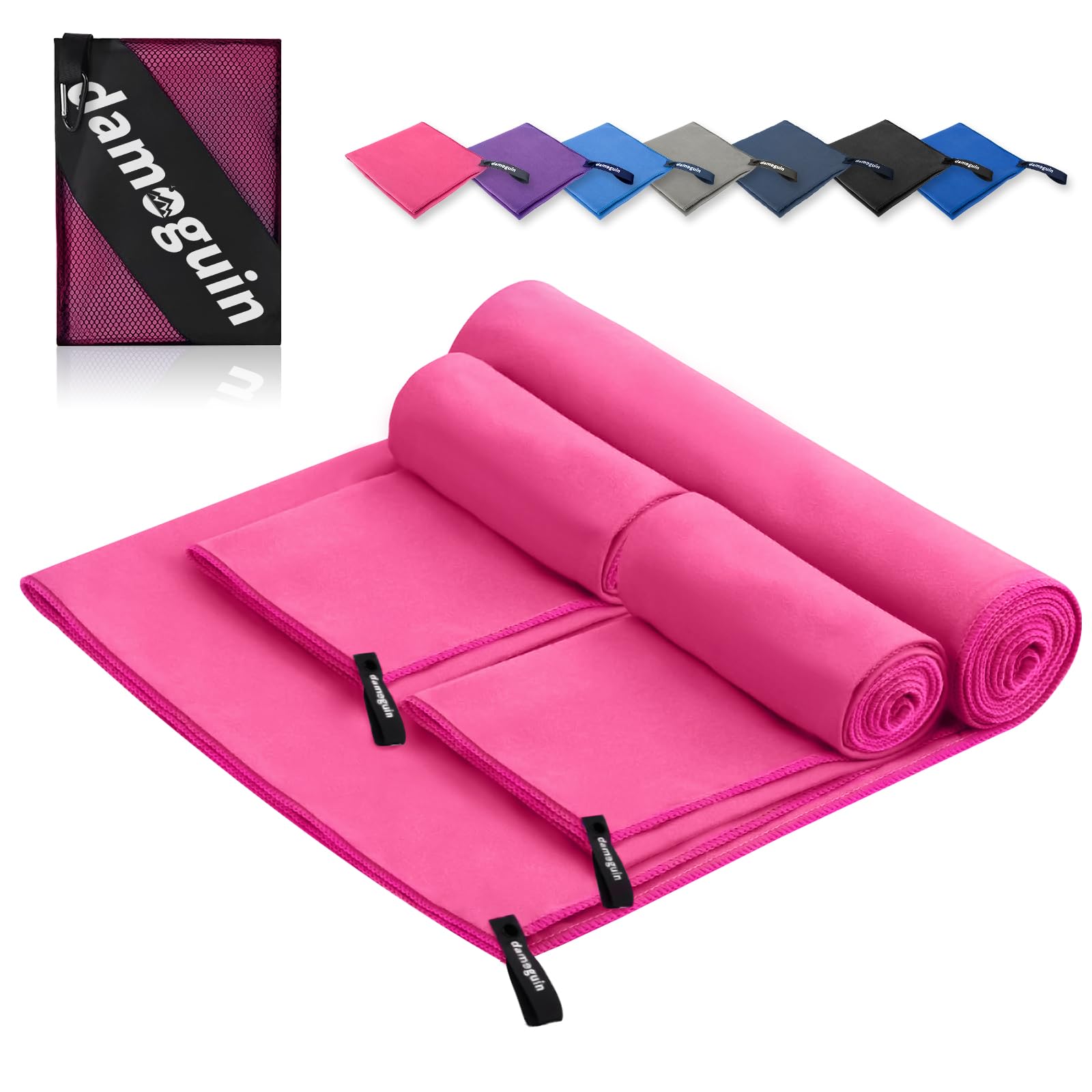damoguin 3er-Set Mikrofaser Handtuch, Groß (180 * 80cm) & 2 Stück Klein (80 * 40cm) Schnelltrocknende Microfaser Fitness Handtücher, als Sporthandtuch, Strandtuch, Badetuch und Reisehandtuch (Rosa)