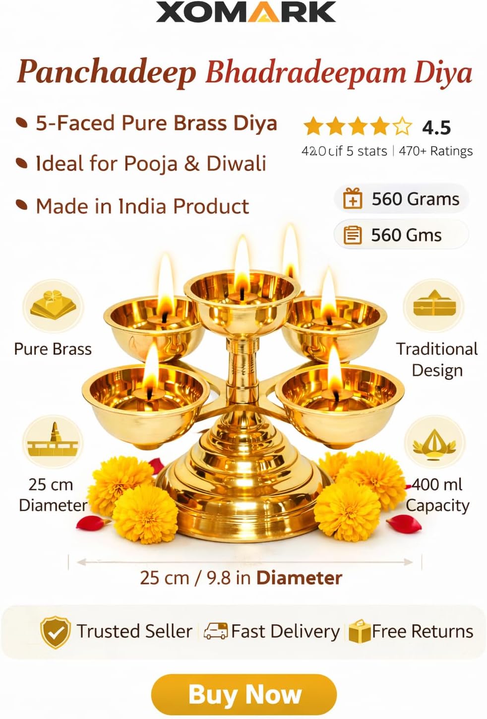 XOMARK Pure Brass Panchadeep Bhadradeepam Diya, 5-Faced Traditional Oil Lamp, Gold, 25 cm Diameter, 560 GMS, for Pooja Temple Diwali