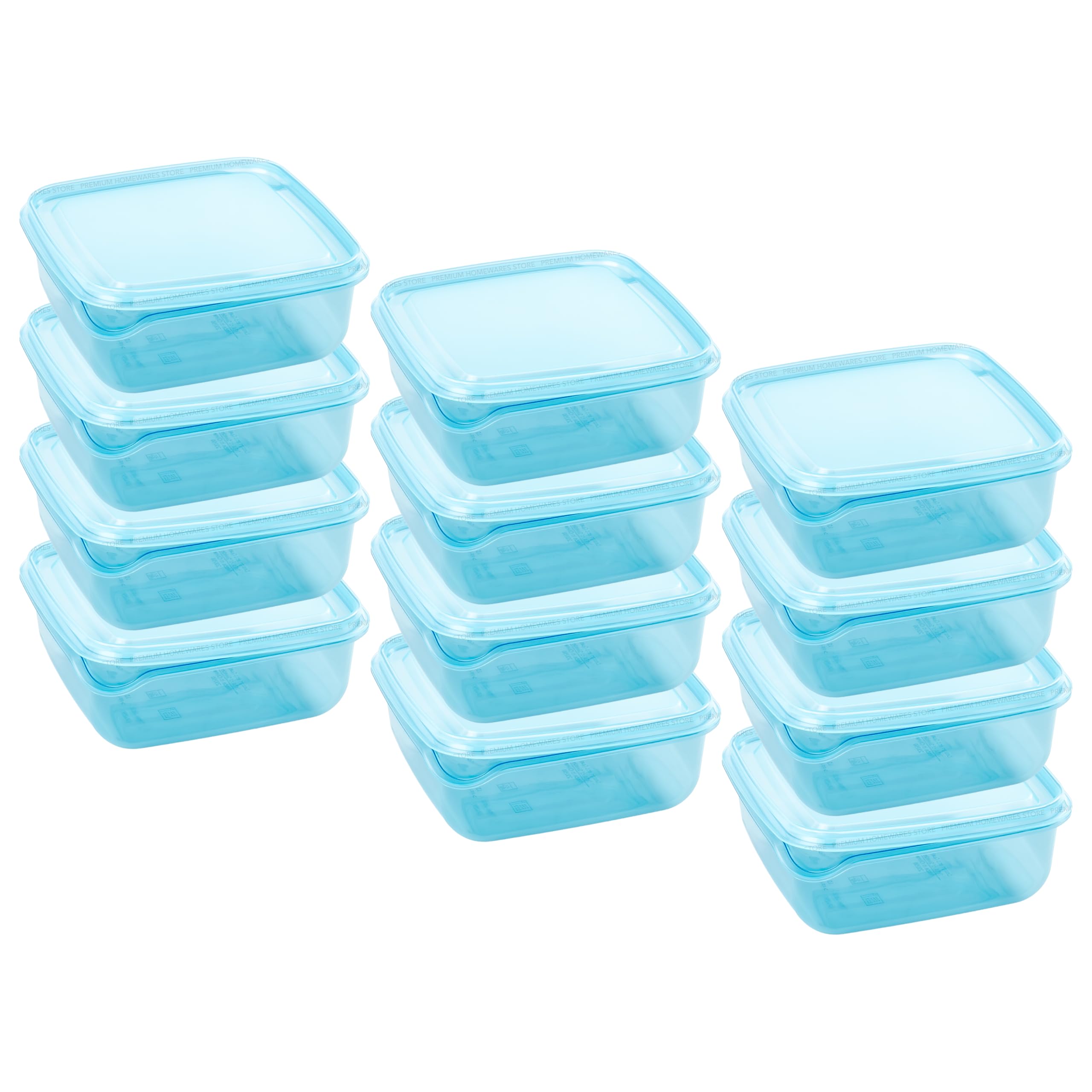12 x PRUTA 0,6L Kunststoff Meal Prep Kleine Portion Frischhaltedosen mit Deckel, 14 x 14 x 6 cm, Transparent Blau, Gefriergeeignet, Spülmaschinenfest, Stapelbar