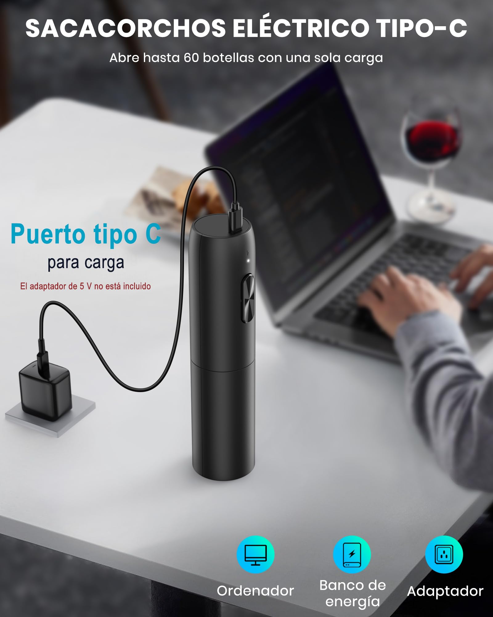Sacacorchos eléctrico recargable, abridor de vino electrico abrebotellas profesional Regalo cumpleaños hombre mujere con cable de carga USB para amantes del vino Casa Cocina Fiesta Bar Boda