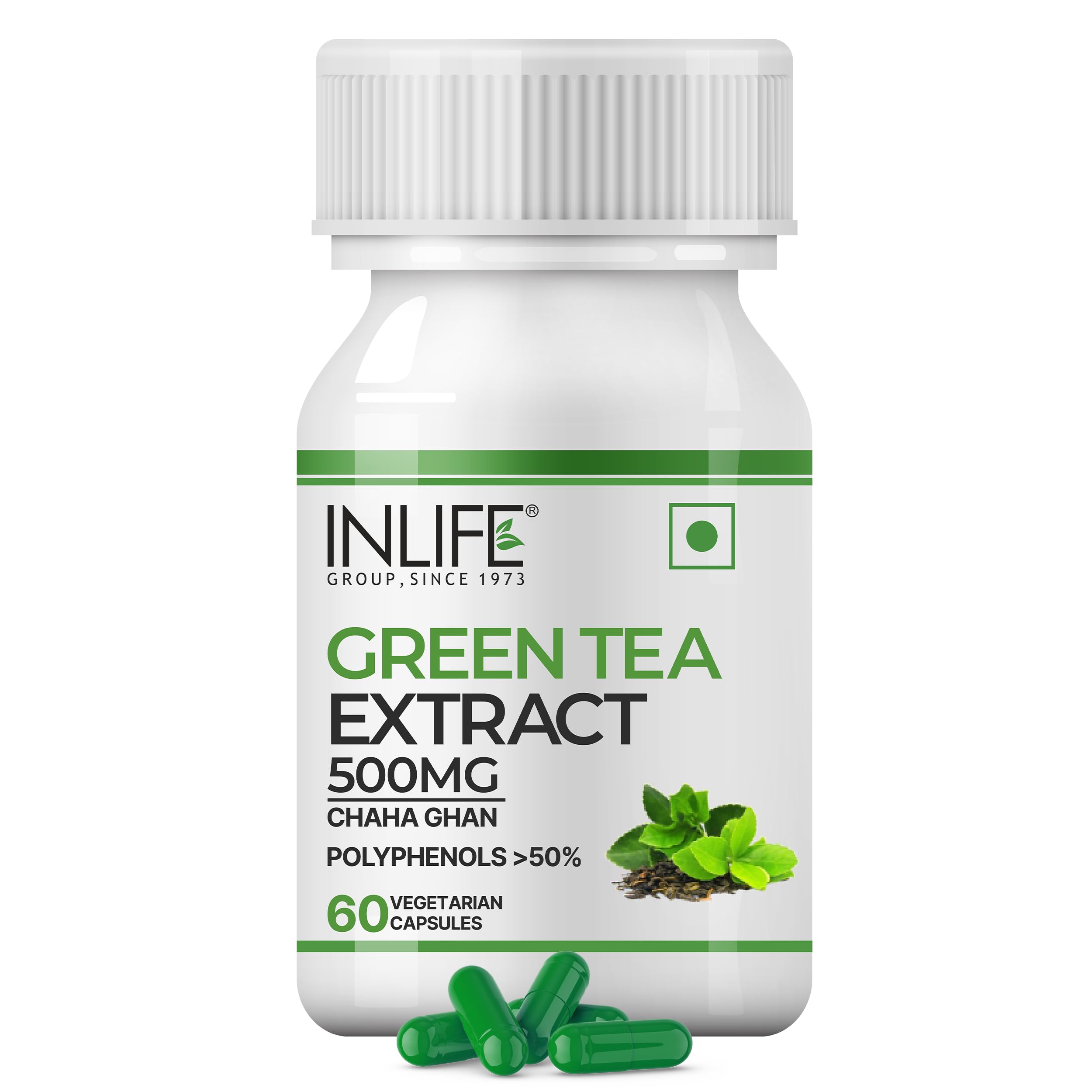 INLIFE Green Tea Extract Capsules | Standardised to 50% Polyphenols | Antioxidant | Herbal Supplement for Men Women, 500 mg - 60 Vegetarian Capsules (Pack of 1)-picture-3