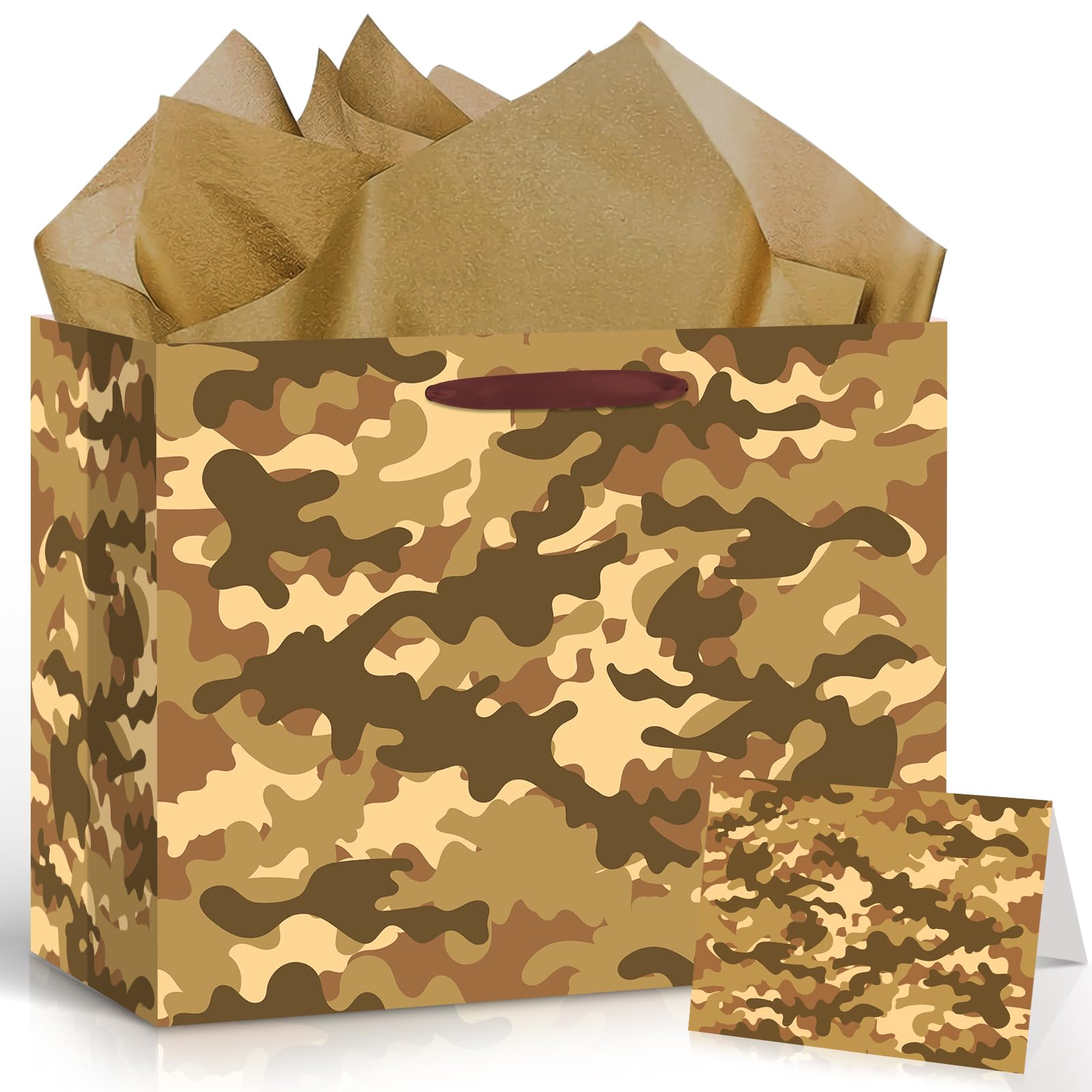Camouflage Birthday Gift Bags Brown Camo Gift Bag with Wrapping Paper and Card Large Camouflage Wrapping Paper Bag with Handle Army Party Supplies for