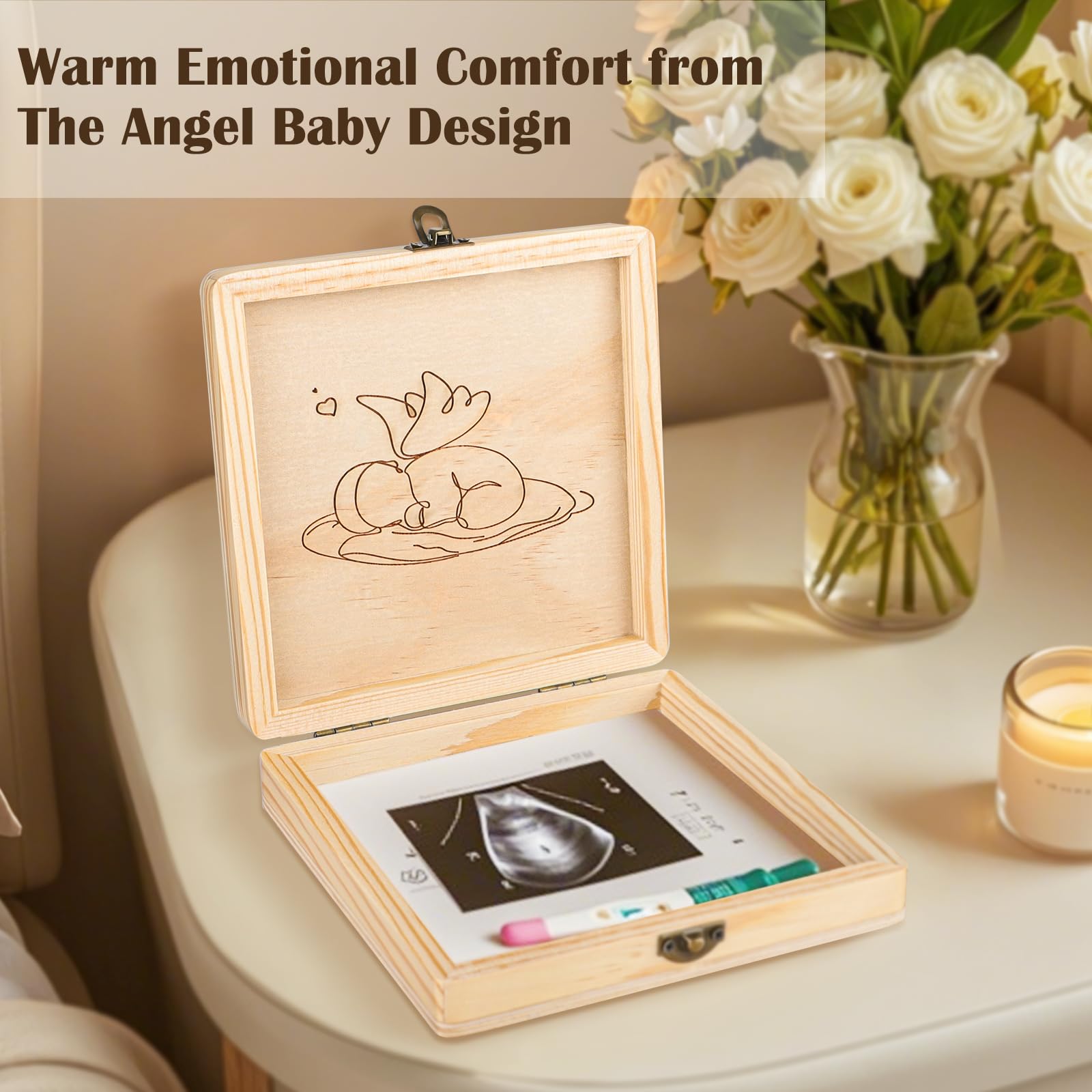 Regalos de aborto espontáneo para madres, caja conmemorativa para la pérdida del embarazo, recuerdo de ángel de madera para bebé con almacenamiento para fotos y adornos, regalo cómodo de