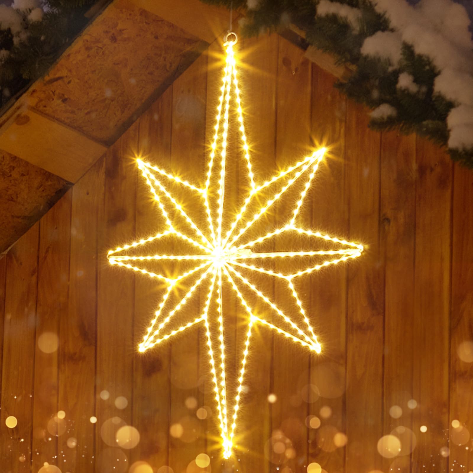 Quntis Stelle Luminose Natale Pieghevole 360 LEDs, Luci Natale Stella 62x39CM, Tenda Luminosa Grande Stella Interno per Finestra Porta Festa Catena Luminosa 3D Stelle Decorazioni Natalizie