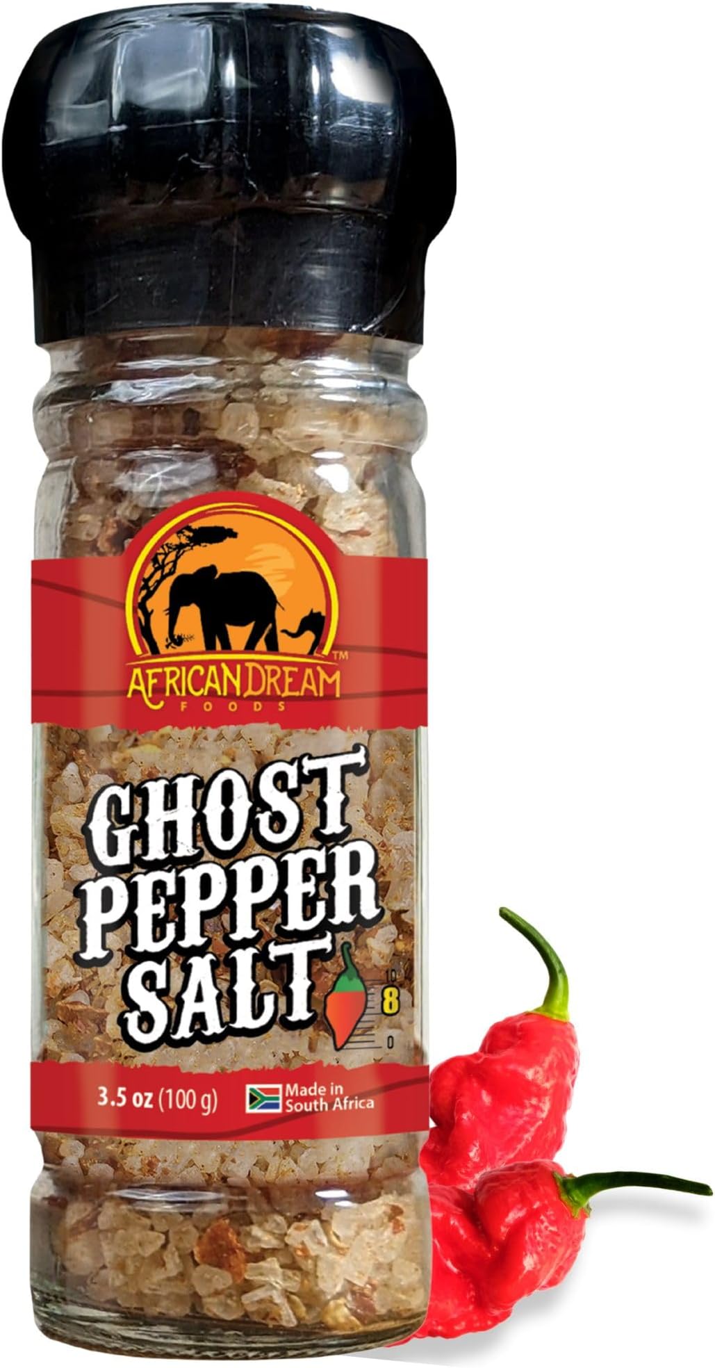Ghost Pepper Salt Seasoning by African Dream Foods | Spicy Chili Salt with only Natural Hot Ghost Peppers & Sea Salt | Ideal for Meat, Chicken, Seafood | Reusable Grinder, 3.5 oz