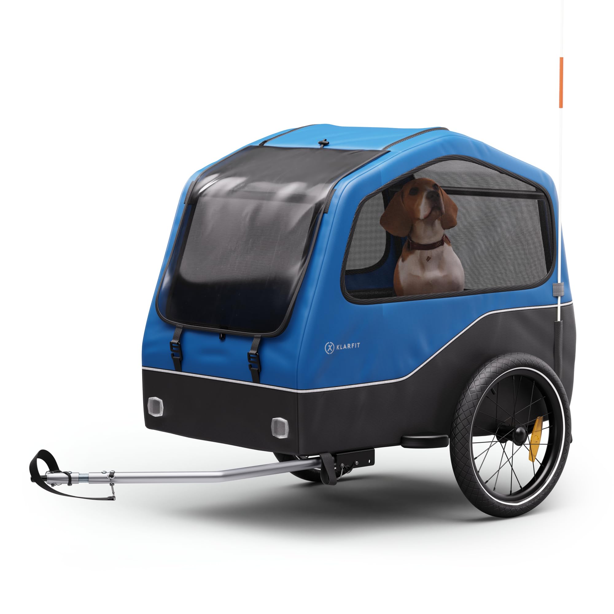 Klarfit Goldie Home - Rimorchio da Bici per Cani, Volume di 334L, Idrorepellente, Catarifrangenti & Bandierina di Sicurezza, Capacità di Carico di 40kg, Pieghevole, Ruote da 16 Pollici, Blu
