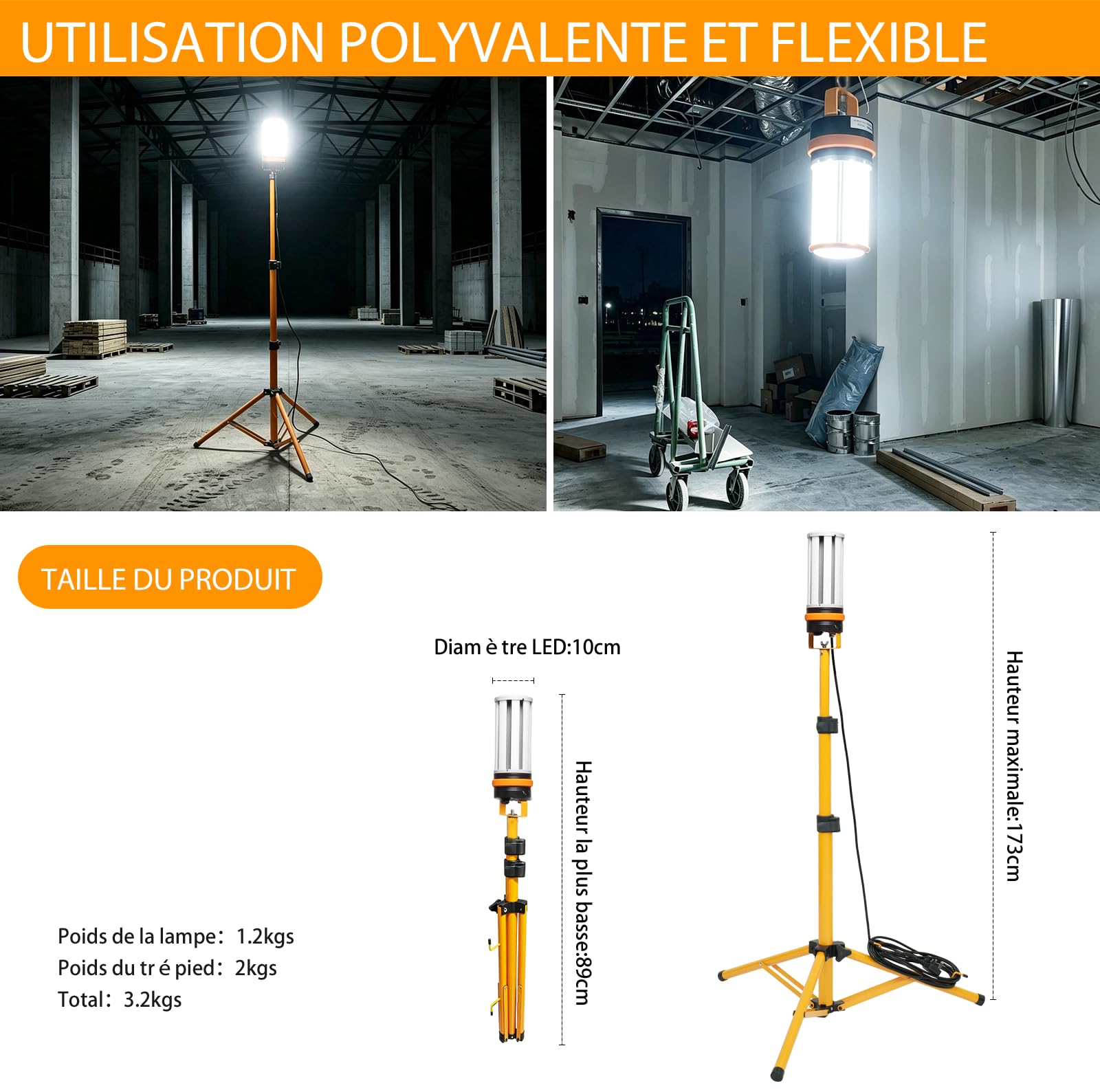 60 W Baustrahler auf Stativ, 6500 Lumen und wasserdicht, LED-Außenstrahler, 360 Grad Lichtwinkel.
