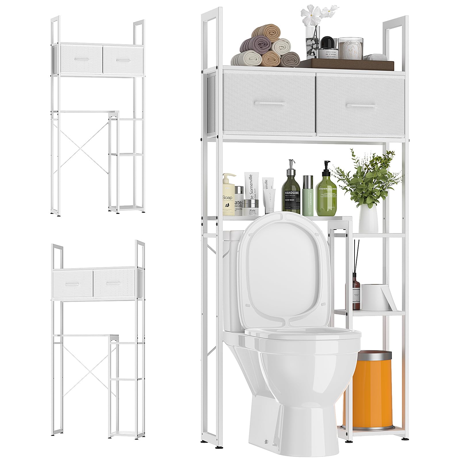 Luxspire Over The Toilet Storage, 5-Tier Over Toilet Bathroom Organizer with 2 Drawers & Side Shelves, Freestanding Space Saver Above Toilet Storage Cabinet for Restroom, White