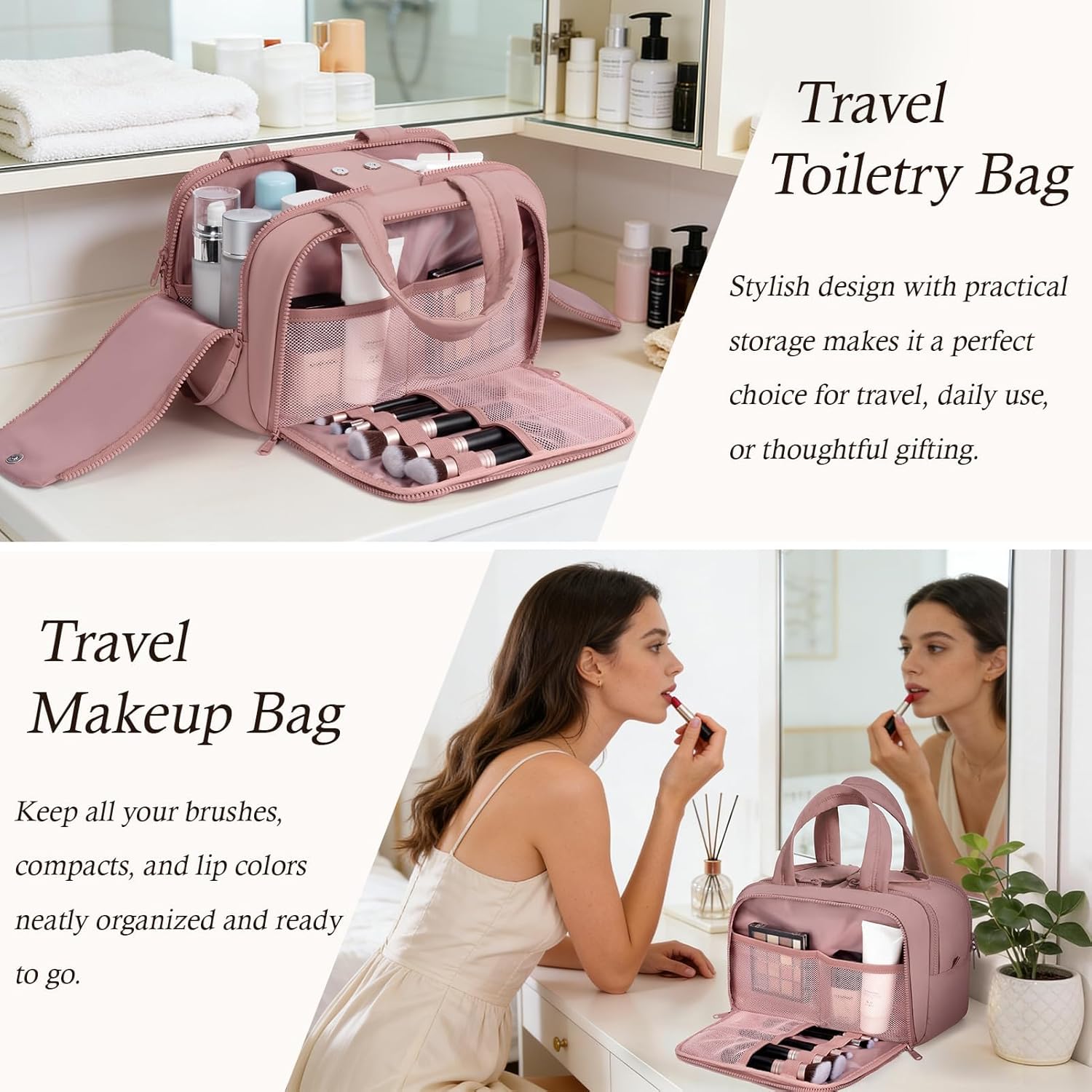 Travel Toiletry Bag, Large Wide-open Puffy Toiletry Bag for Women, Lightweight Quilted Makeup Bag Cosmetic Organizer with Handle Water-resistant Travel Essentials for Toiletries Accessories Dark Pink - Image 8