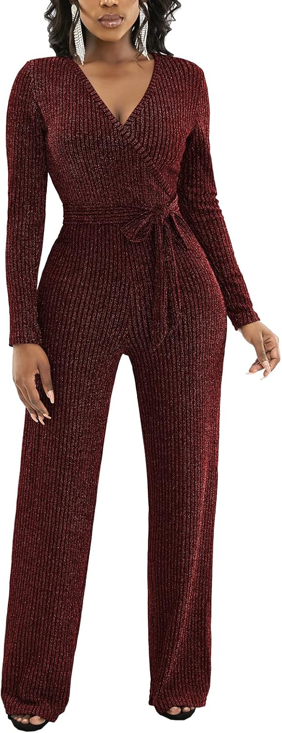 LightlyKiss Women's casual sexy V-neck sparkling jumpsuit long sleeve loose jumpsuits Fashion Club party Rompers with belt - Image 4